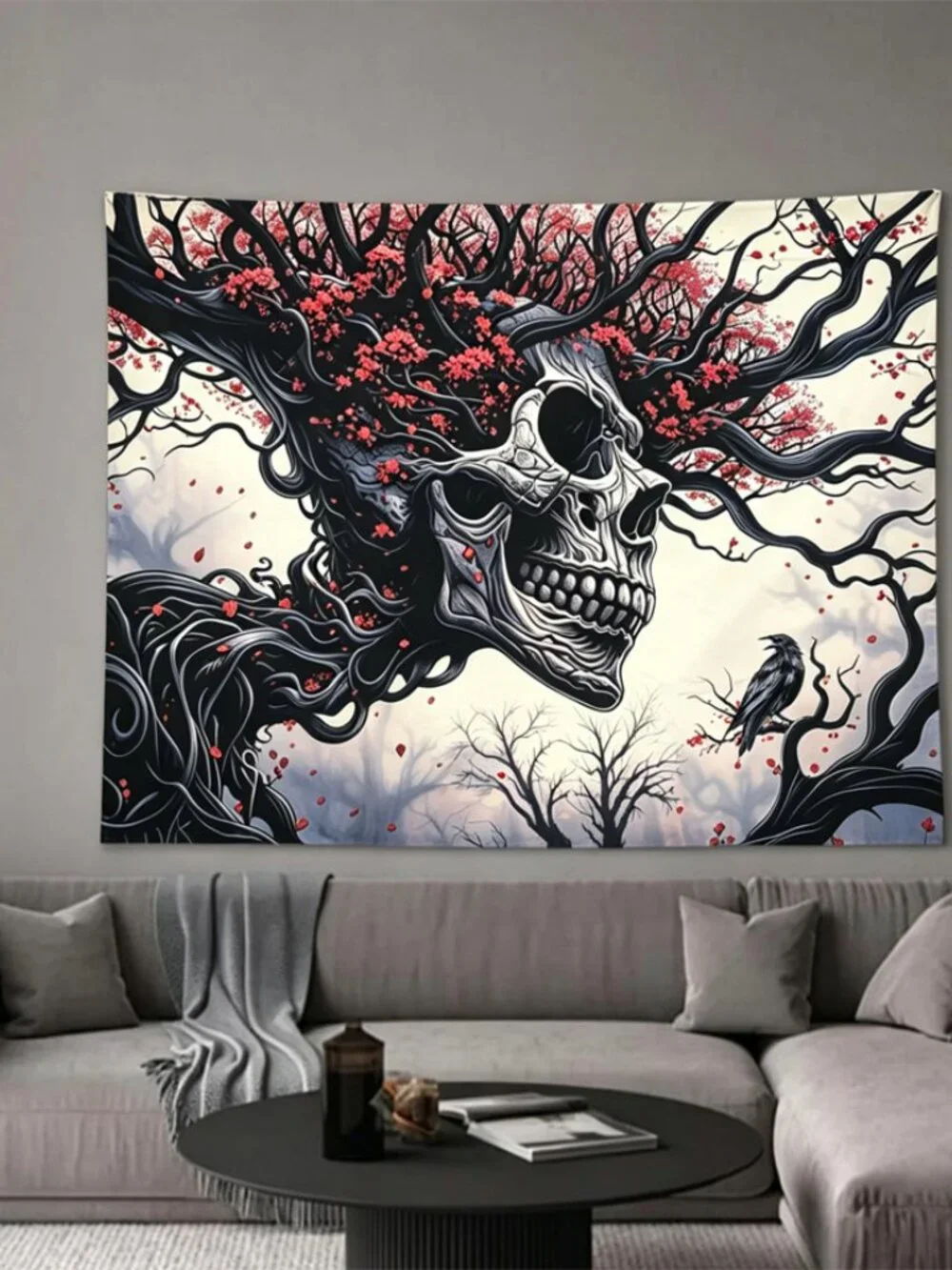 Gothic Skull Tree Raven Tapestry 51×60 Inch Red Floral Dark Forest Wall Decor